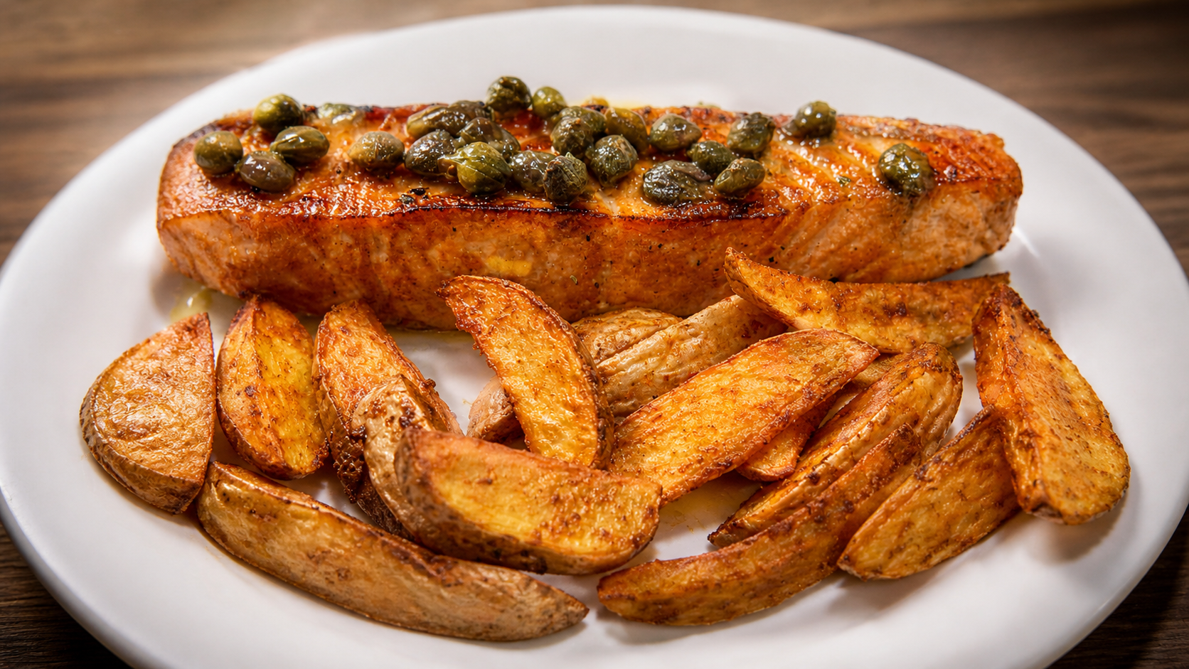 Salmón a la mantequilla con alcaparra y papas doradas